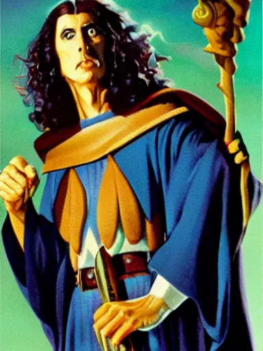 Prompt: weird al as a powerfulwizard holding a staff, serious expression, in the style of frank frazetta