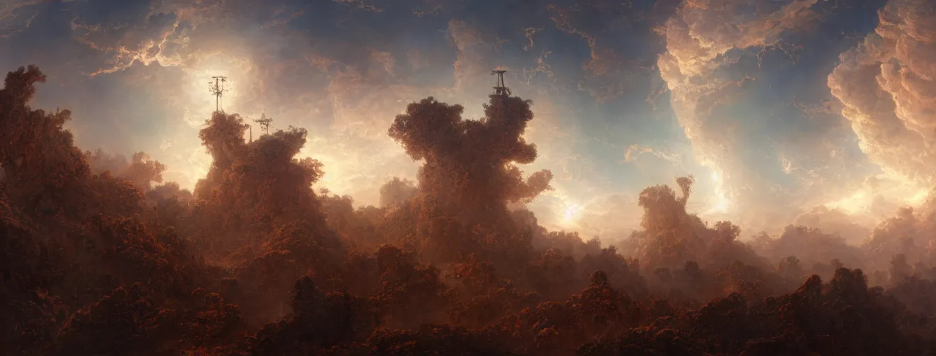 Image similar to a beautiful landscape painting of steampunk landscape, a junk nebula in the sky by jean - honore fragonard and don bluth and makoto shinkai, trending on artstation, octane render