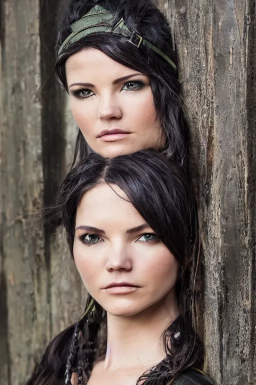 Image similar to fantasy character photo. female ranger. danielle campbell. brown dark forestgreen leather armor. jaunty, tilted, light - green, feathered little hat. black hair in ponytail. bright blue eyes. facial expression of manic obsessive love. leaning against the exterior wall of a tavern