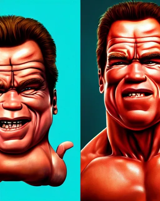 Image similar to arnold schwarzenegger as garbage pail kid, hyper realism, fine details, concept art, digital art, deviantart artstation, very sharp,