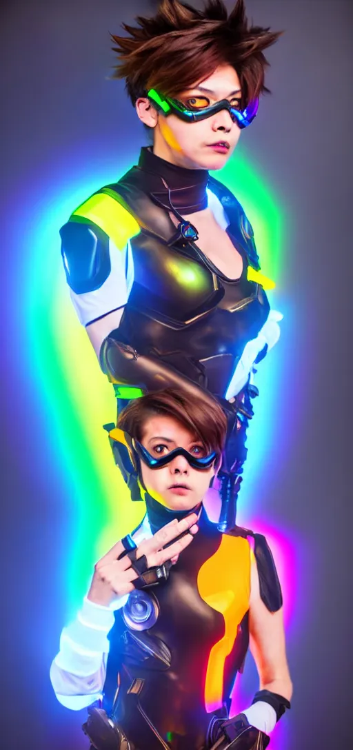 Image similar to full body overwatch style oil painting portrait of tracer overwatch, confident pose, wearing black jagged iridescent rainbow latex armor, rainbow, neon, 4 k, expressive surprised expression, makeup, wearing large rainbow neon choker, studio lighting, black leather harness, expressive detailed face and eyes,