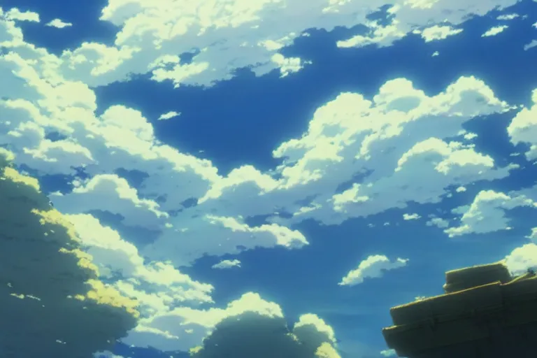 Image similar to painting of a dreamy cloudscape, a flying leviathan in the foreground, exterior wide shot, otherworldly and ethereal by kazuo oga in the anime film by studio ghibli, screenshot from the anime film by makoto shinkai