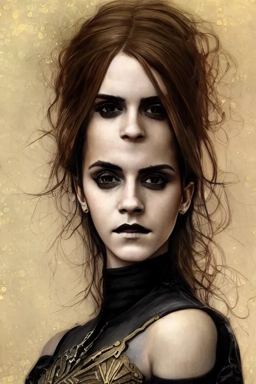 Prompt: portrait of beautiful gothic Emma Watson, cyberpunk, Warhammer, highly detailed, artstation, illustration, art by Gustav Klimt