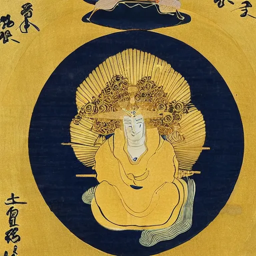 Image similar to a golden deity with the head of the baby harp seal, radiating golden light, wearing royal kimono, Japanese ink drawing from 1700