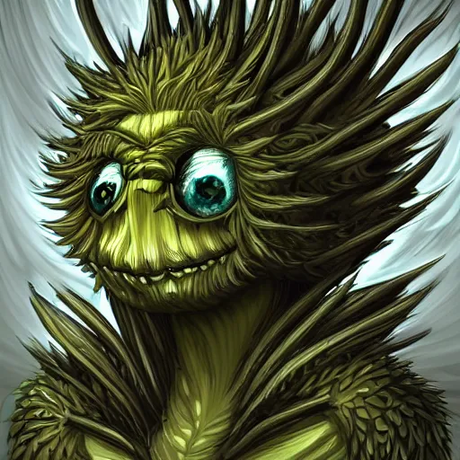 Image similar to A humanoid thistle monster, highly detailed, digital art, sharp focus, trending on art station, artichoke, anime art style