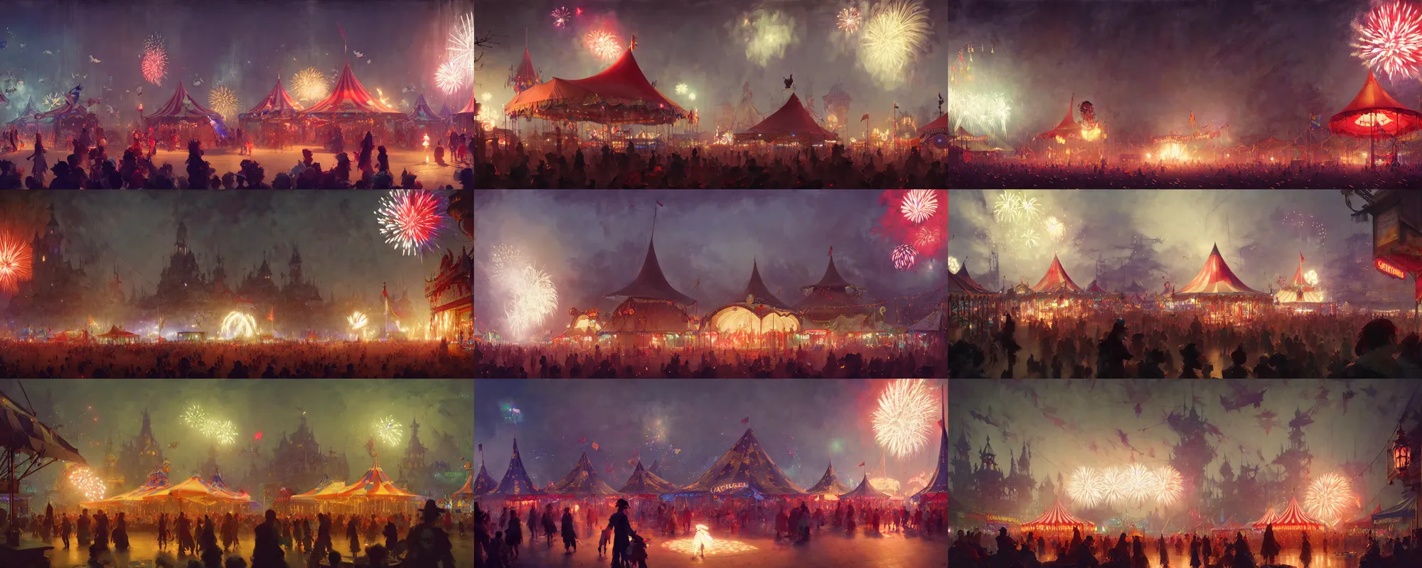 Prompt: witchlight carnival, small town, amusement stalls, big top circus tent, summer festival night, fireworks, illustration, highly detailed, digital painting, concept art, matte, art by ruan jia and wlop and greg rutkowski and makoto shinkai, masterpiece