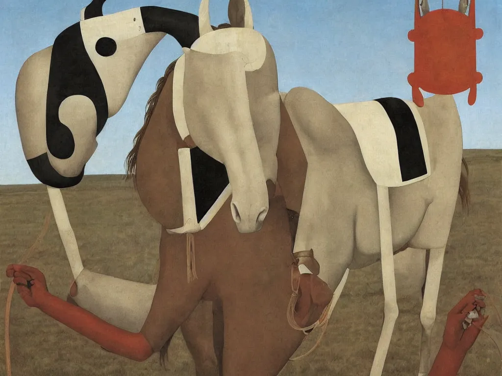 Image similar to Horse with African Guro mask. Giant conch shell. Painting by Alex Colville, Piero della Francesca