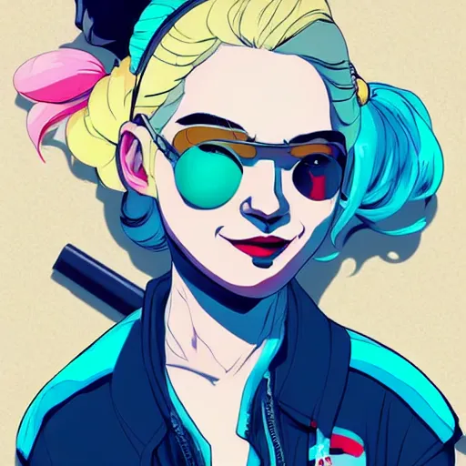 Prompt: julia garner as tank girl as harley quinn as delirium of the endless, the sandman, clean cel shaded vector art. shutterstock. behance hd by lois van baarle, artgerm, helen huang, by makoto shinkai and ilya kuvshinov, rossdraws, illustration