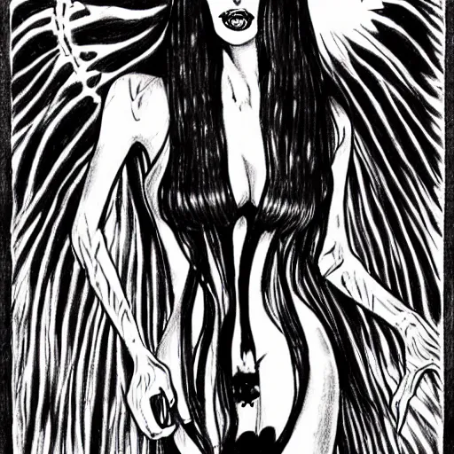 Prompt: a scary drawing of megan fox as morticia addams as death of the endless by junji ito, horror, madness