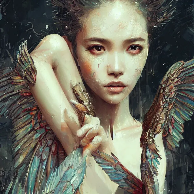 Image similar to very beauty girl asian, wings, hyper detailed, insane details, intricate, elite, elegant, luxury, by ismail inceoglu dragan bibin hans thoma greg rutkowski alexandros pyromallis rene maritte illustrated, perfect face, fine details, realistic shaded, fine - face, pretty face