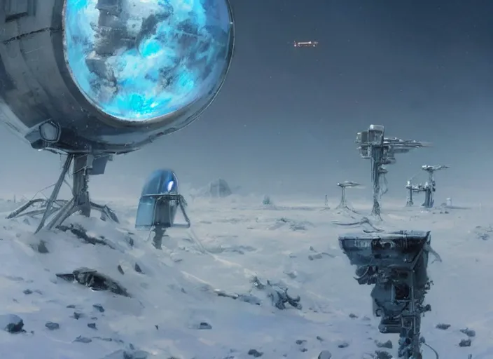 Image similar to futuristic satellite communication technology partially buried in the snow, digital painting by greg rutkowski and james gurney, global illumination, trending on artstation, highly detailed