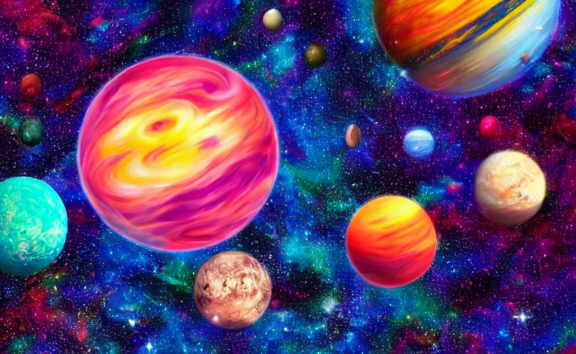 Image similar to ''a planet made of candy, colorful, space, universe, digital art, realistic''