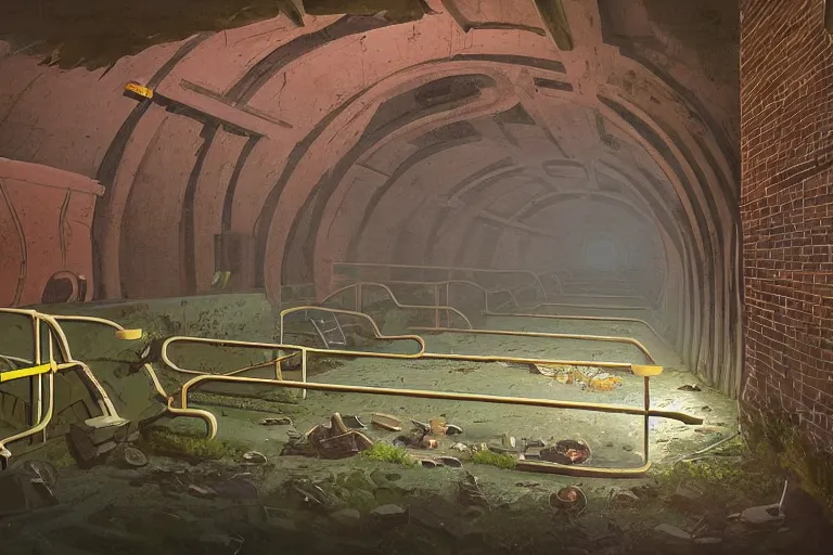 Prompt: Simon Stalenhag concept art of underground sewer tunnels with gym equipment, water flowing through the sewer, railing along the canal, brick walls, arches, detailed architecture, brass pipes on the walls, a slight green glow emanates from the water, artificial warm lighting, a variety of vivid materials