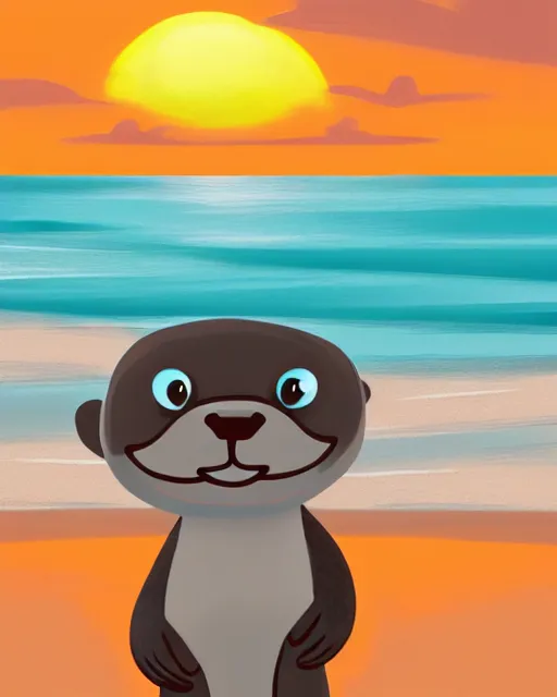 Prompt: a cute anthropomorphic grey otter fursona furry on the beach wearing a wetsuit holding a surfboard, turquoise hair orange nose, smiling, sunset, volumetric light, detailed, photorealistic, 4 k, hdr, artstation, deviantart, digital illustriation