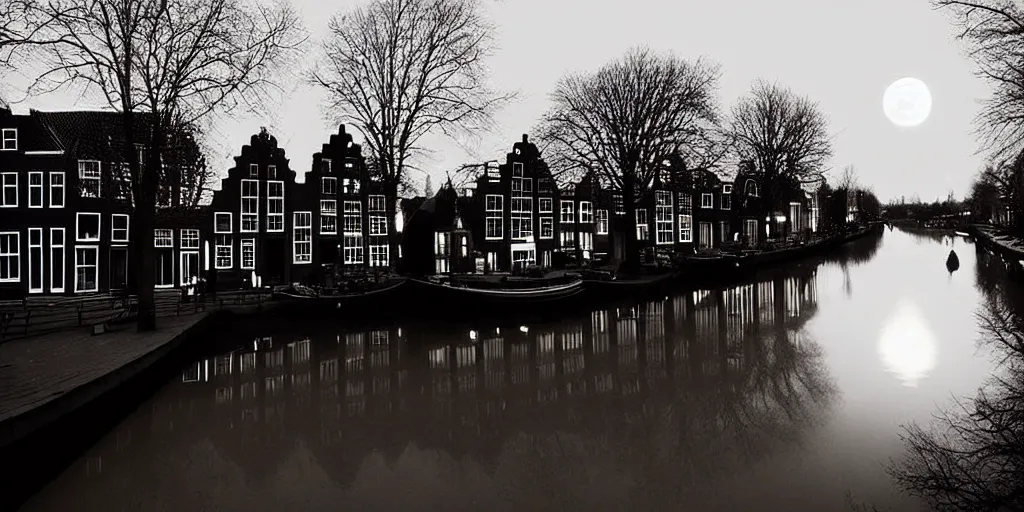 Prompt: Dutch houses along a river, silhouette!!!, A single circular white full moon, dim sky, soft glowing windows, lots of stars!! in the sky, b&w!, Reflections on the river, a man is punting, flat!!, Front profile!!!!, HDR, soft!!, street lanterns glow, shimmers, 1904, illustration, shadowy figures