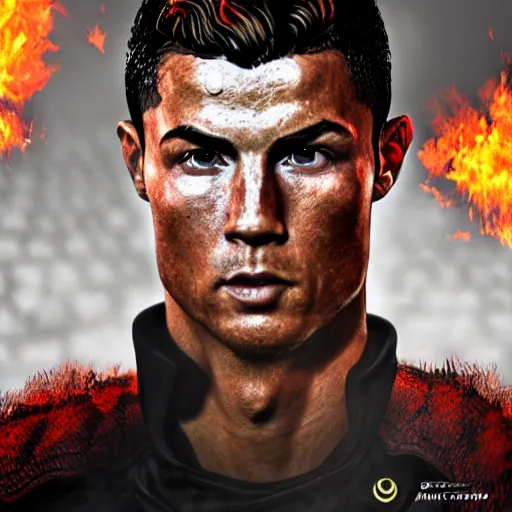Prompt: Ultrawide Portrait of Cristiano ronaldo with fire in his eyes, Bloodborne concept art, trending on Artstation, photorealistic image, 8k