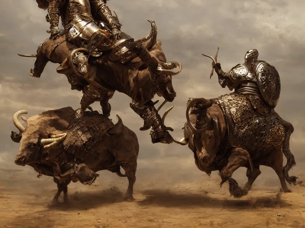 Image similar to cowboy snake oil salesman in medieval armour riding a bull, by Greg Rutkowski, 8K, hyper detailed, realistic, by onesal, by sixnfive , behance 3d , studio photography DSLR, Photoreal epic composition