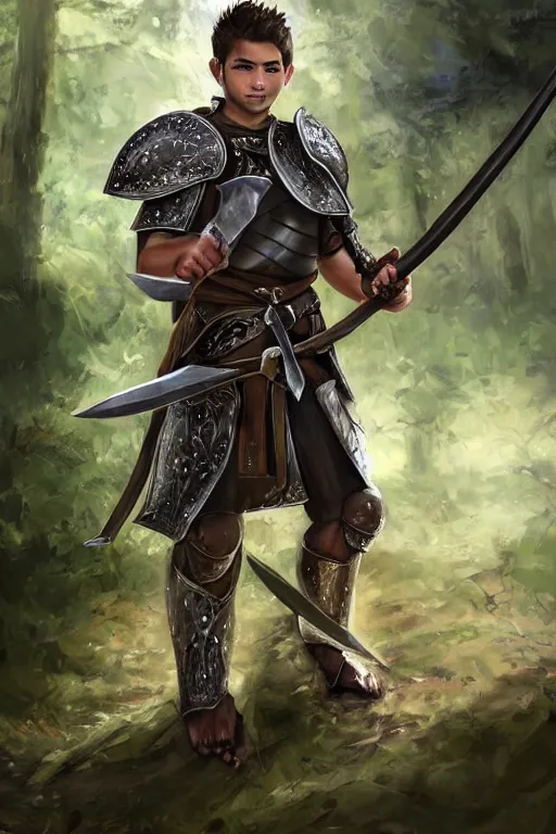 Prompt: Picture of an teenager male warrior, baggy eyes, light bown iris, wielding an axe on each hand, short curly hair, stubble, light brown skin!, black shirt underneath armor, mixed leather armor, blue colored, smiling, in the forest, ready for combat, high fantasy, by WLOP, Genzoman, Sakimichan and Frank Franzzeta, trending on artstation, artstationHD, artstationHQ, good, octane, cgsociety, HD, extremely detailed, detailed face!, HD 16k