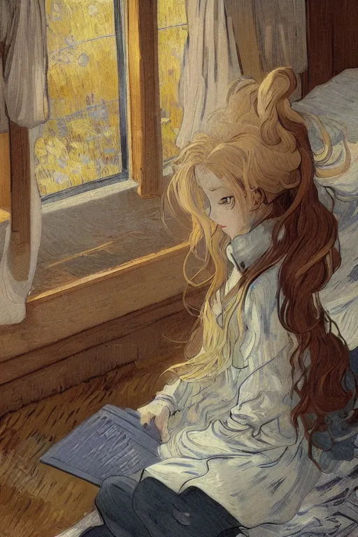 Image similar to a girl in a jk uniform outfit in the bedroom reading a book in a night, raining outside the window, grey and orange theme ， wavy white long hair, by krenz cushart and mucha and akihito yoshida and greg rutkowski and vincent van gogh and monet, detailed eyes, 4 k resolution
