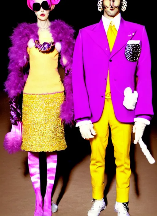 Image similar to full face and glamorous dressed female and male pair in Bespoke couture outfits made of yellows, pinks, purple and gold by Vivian Westwood and Marc Jacobs as seen in the movie the Royal Tenenbaums + vintage Chanel in a futuristic vibe