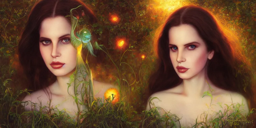 Image similar to big-eyed Lana Del Rey staring into the camera, sundown misty firefly wisps, Lilia Alvarado, Sophie Anderson, Mark Arian, Bob Byerley, Charlie Bowater, Mark Brooks, Steve Henderson, Justin Gerard, Arthur Hughes, Edward Robert Hughes, Mark Keathley, Victor Nizovtsev, Carlos Shwabe, Ross Tran, WLOP