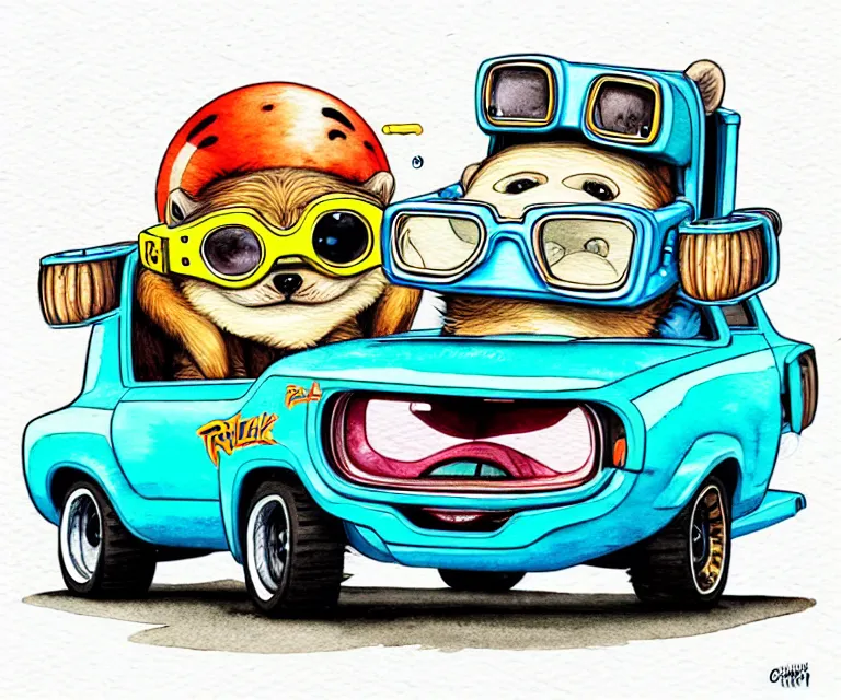 Image similar to cute and funny, beaver wearing goggles driving a tiny hot rod with an oversized engine, ratfink style by ed roth, centered award winning watercolor pen illustration, isometric illustration by chihiro iwasaki, edited by craola, tiny details by artgerm and watercolor girl, symmetrically isometrically centered