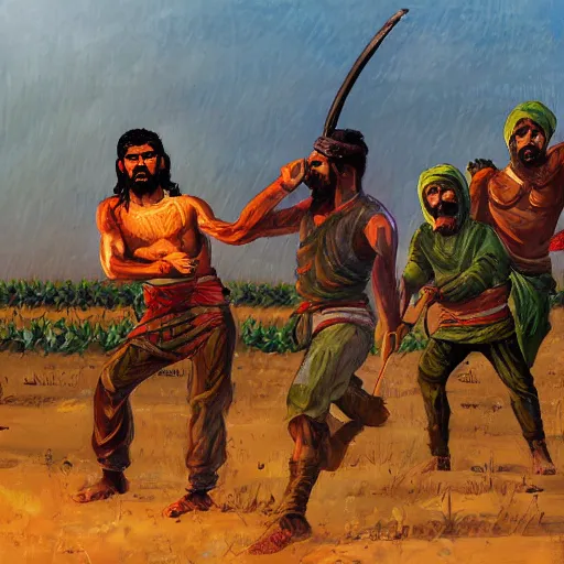 Prompt: bangla farmer fighting, hand to hand combat with machete, full body view, long flowing hair, deathmatch, glowing eyes, horseback combat attacker foreground, islamic revolution, mongolian invasion of iraq, invading army background, classicism artstyle, sharp brushstrokes