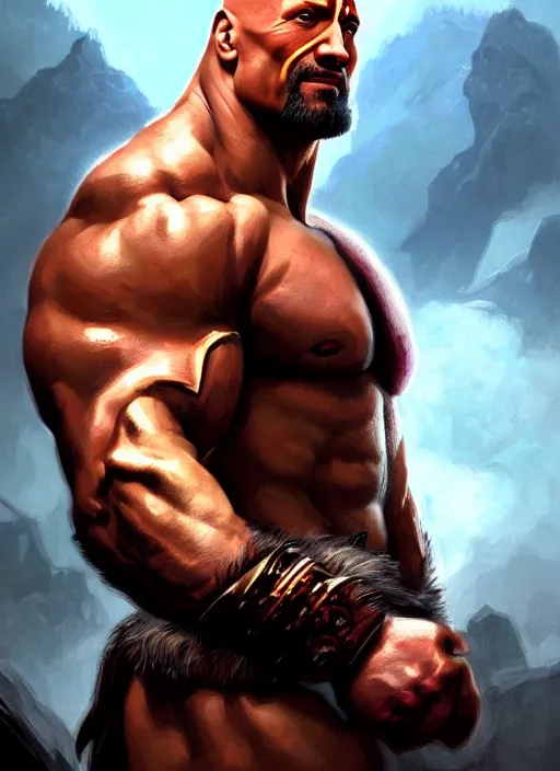 Image similar to ! dream portrait of aggressive dwayne johnson as kratos, d & d, muscular! intricate, elegant, highly detailed, digital painting, artstation, concept art, smooth, sharp focus, illustration, art by artgerm and greg rutkowski and alphonse mucha