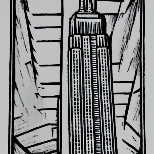 Prompt: escher woodcut of a the empire state building