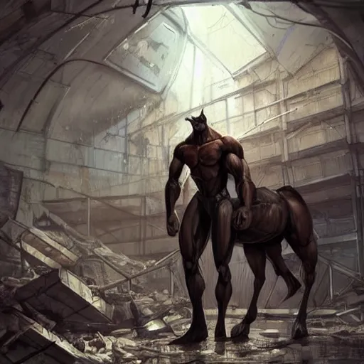 Image similar to a hyper - muscular anthro horse wearing a tactical bodysuit standing in the ruins of a facility, equine, hulking body, dynamic pose, highly detailed, digital painting, artstation, concept art, illustration by artgerm, greg rutkowski, makoto shinkai