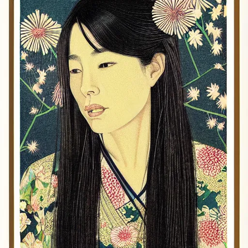 Prompt: “ jessica biel portrait by ikenaga yasunari and ayana otake and ko rakusui, 6 0 s poster, drawing, realistic, sharp focus, japanese, dreamy, nostalgia, faded, golden hues, floral clothes, porcelain skin ”