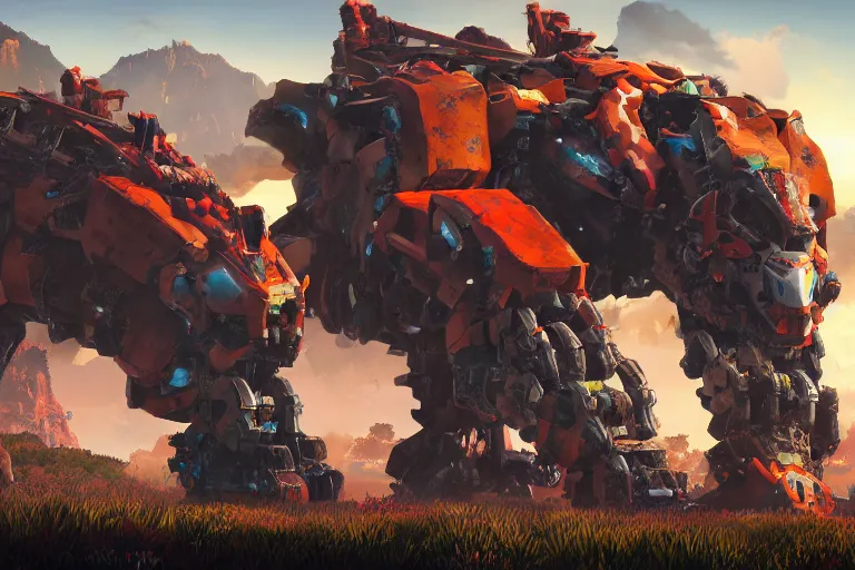 Image similar to behemoth machine mecha animal beast robot made of mango, strawberry, kiwi fruits of horizon forbidden west horizon zero dawn bioluminiscence global illumination ray tracing hdr fanart arstation by sung choi and eric pfeiffer and gabriel garza and casper konefal