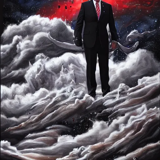 Image similar to dark, evil joe biden standing in front of the collapse of the universe, painting, trending on art station, high quality