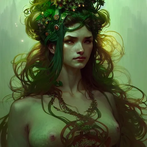 Image similar to Green Man, druid, fantasy, intricate, elegant, highly detailed, digital painting, artstation, concept art, smooth, sharp focus, illustration, art by Krenz Cushart and Artem Demura and alphonse mucha