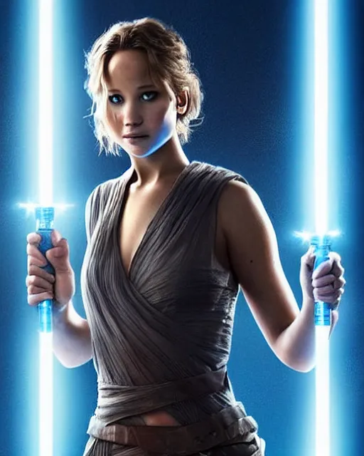 Prompt: jennifer lawrence as a jedi with ripped and damaged clothes holding a blue lightsaber in her hands, very dark background, official new star wars episode xi movie poster from lucas arts, perfect symmetrical face, moody lighting, 8 k, shallow depth of field, intricate detail,