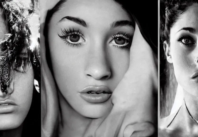 Prompt: award winning photo of Ariana Grande with Megan Fox, symmetrical face by Sally Mann & Arnold Newman