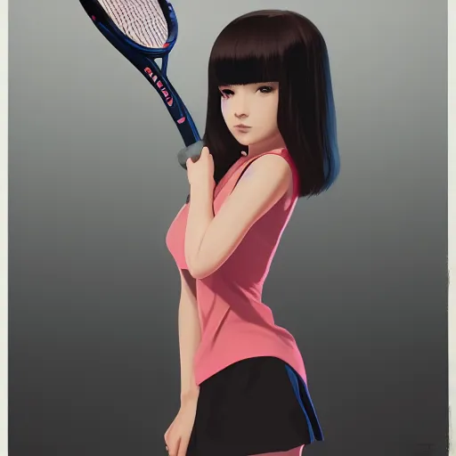 Image similar to a drawing of a woman holding a tennis racquet, a character portrait by Ilya Kuvshinov, cgsociety, shock art, ilya kuvshinov, 2d game art, official art