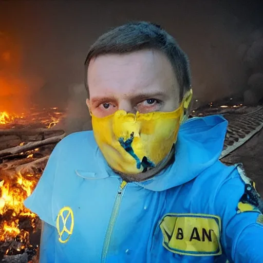 Image similar to , funny and frightened ukrainian burned to bones bleeding in dirty yellow and blue rags on the background of a huge nuclear explosion selfie 2 0 2 2