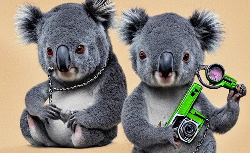 Image similar to “ cute koala with very big eyes, wearing a bandana and chain, holding a laser gun, standing on a desk, digital art, award winning ”