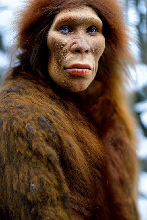 Image similar to a professional portrait photo of a neanderthal woman in the forest in winter, mud on face, ginger hair and fur, extremely high fidelity, natural lighting, still from the movie quest for fire