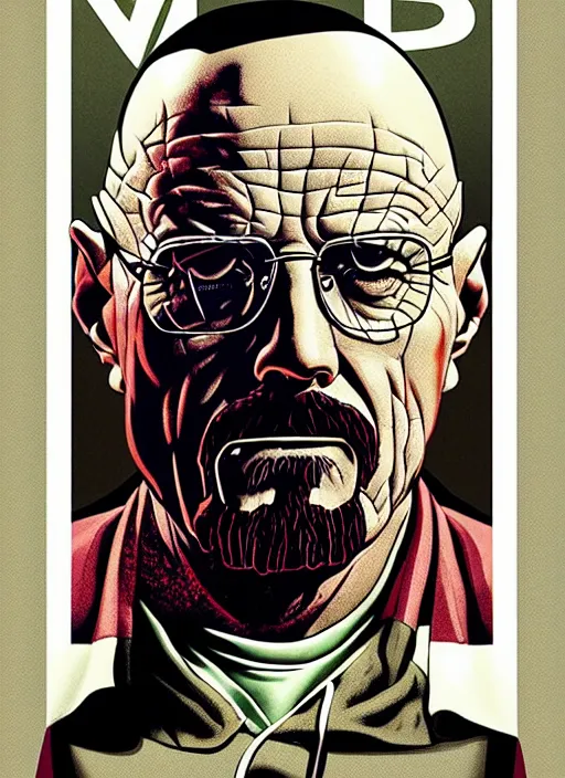 Image similar to highly detailed poster artwork by Michael Whelan and Tomer Hanuka, of Walter White, from scene from Breaking Bad, clean