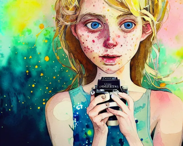 Image similar to pale young woman with bright blonde hair, freckles, big bright eyes and a very wide face, flowery dress, she is holding a professional dslr camera close to her face with her hands, expressive, surrealism, emotional bright watercolor art on white background by conrad roset