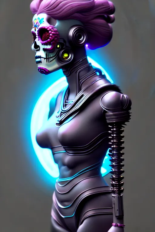 Image similar to ultra detailed female android deity, cinematic, 8 k, sci - fi movie!!, flowerpunk, sci - fi, fantasy, ( dia de los muertos ), asymmetrical,!! concept art, unreal engine, octane render, zbrush, art by artgerm and michael welan and alphonse mucha and loish and wlop