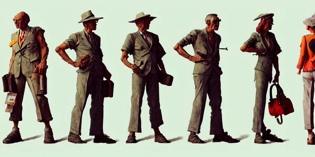 Image similar to concept art character models, clay, brutalism, colorful, syd mead, norman rockwell, junichi higashi, isamu imakake, 4 k resolution, octane render, intricate, balance, ultra detailed, medium full shot, white background, sprite sheet, volumetric lighting, cinematic lighting + masterpiece,