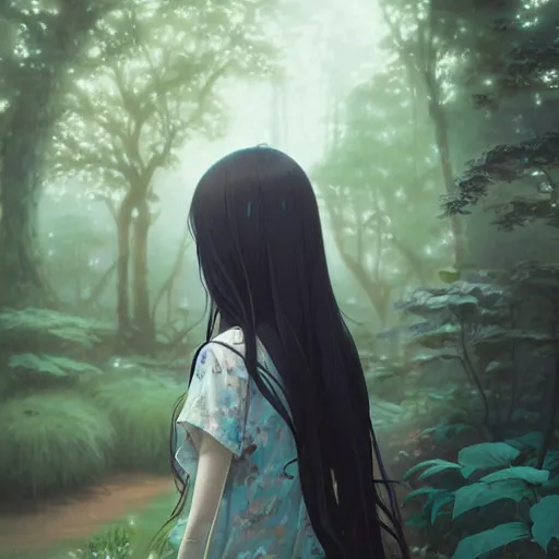 Image similar to a beautiful girl with long black hair, royal garden background, sharp focus, intricate, digital painting, artstation, highly detailed, ambient lighting, portrait by Studio Ghibli, Rossdraws, artgerm, Ilya Kuvshinov, and Greg Rutkowski