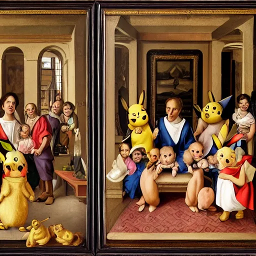 Prompt: A pikachu family portrait, Family portrait, guild commission, Sienese school, Florentine school, sfumato, chiaroscuro, perspective, foreshortening, proportions, still life, al fresco, panel painting, triptych, diptych, quadriptych, oil on canvas, Artwork by Hubert van Eyck