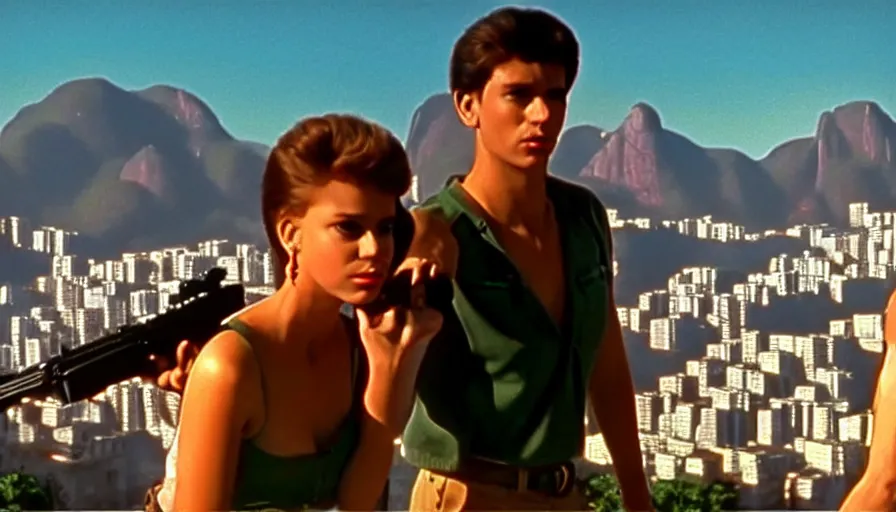 Image similar to 1 9 8 6 movie screencap of a couple with a gun on a rio de janeiro, gucci clothes, sparkes sky, beautiful favela background extremely utra high quality artwork 8 k