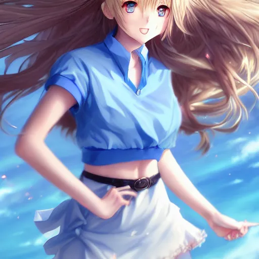 Prompt: a very beautiful anime cute girl, full body, long wavy blond hair, sky blue eyes, full round face, short smile, large top, miniskirt, front view, medium shot, mid-shot, highly detailed, cinematic wallpaper by Stanley Artgerm Lau