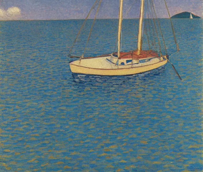 Prompt: van Rysselberghe painting of a single mast sailboat