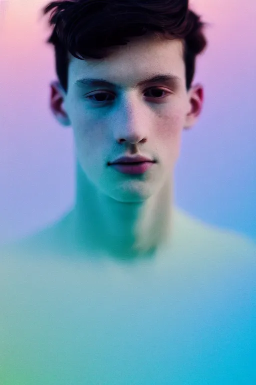Prompt: high quality pastel coloured film mid angle docu photograph of a beautiful young 2 0 year old male, soft features, short black hair, resting in an icelandic black rock environment. atmospheric. three point light. photographic. art directed. ( pastel colours ). volumetric light. clearcoat. waves glitch. 8 k. filmic.